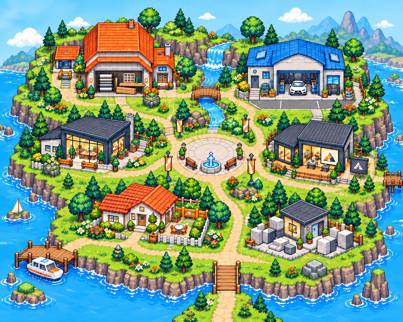 A bright original pixel town with six buildings connected by paths, gardens and a river.
